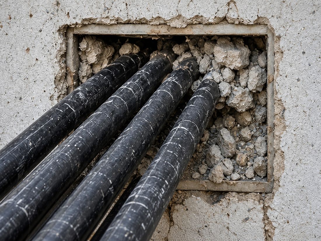 An unsealed cable entry point through a concrete wall, used on the Sealcor Solutions website to frame the risk
